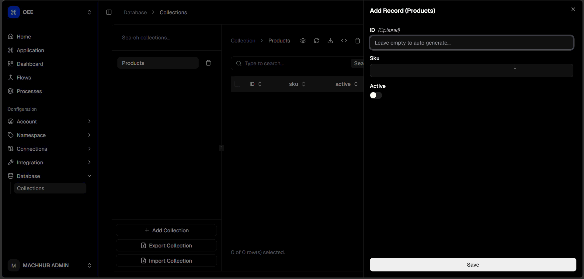Adding a record: fill typed inputs, toggle a switch, pick a date, use the relation picker, then Save.