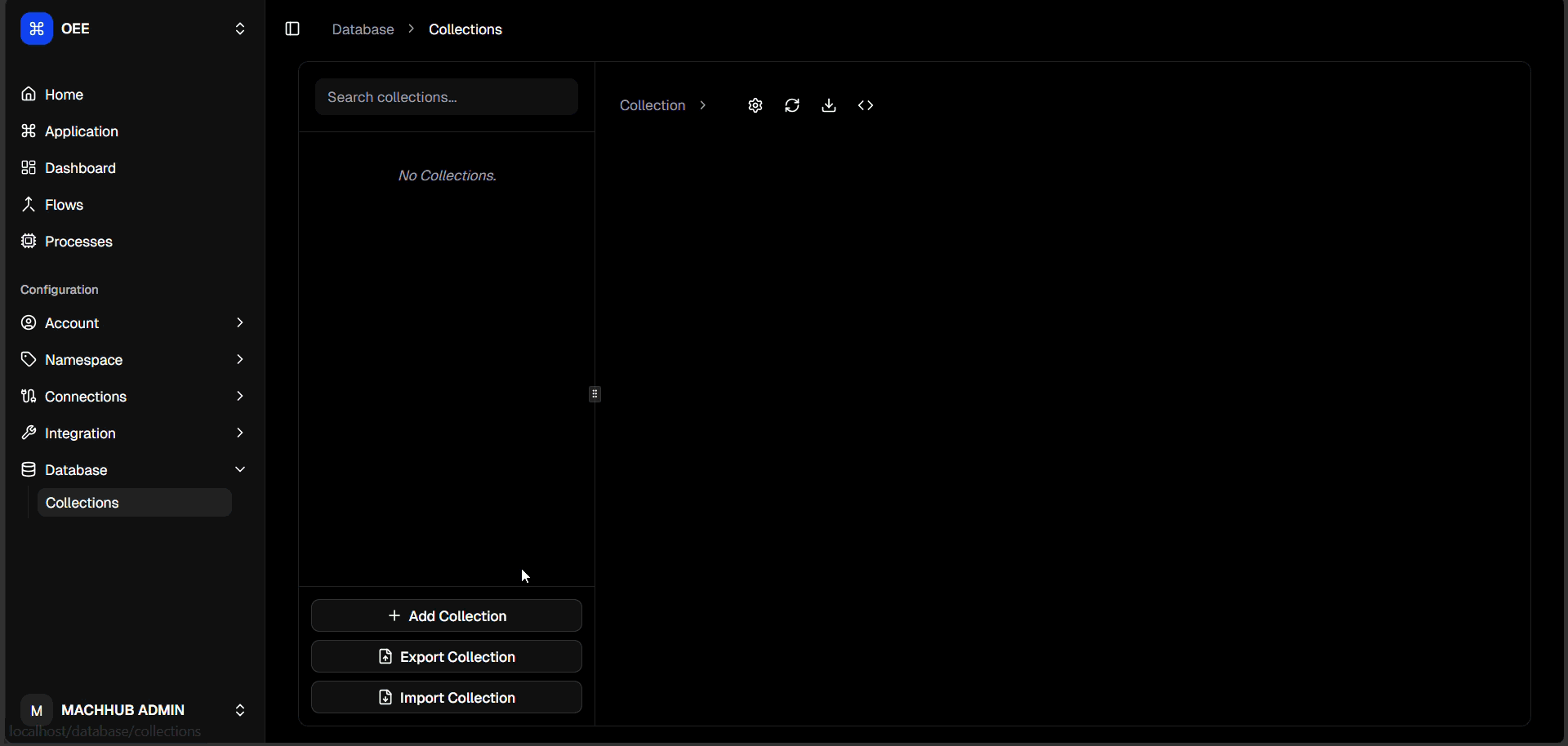 Creating a collection: Add Collection, name it, add fields, Save, and it appears in the list.