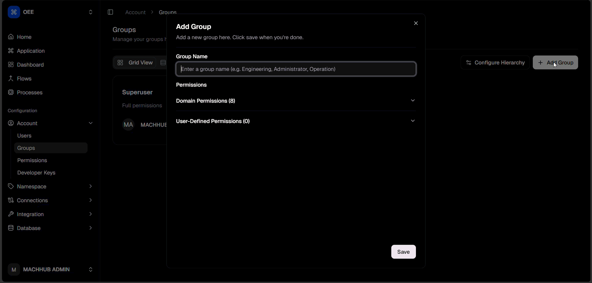Adding a group: name it, set features to Read or Read and Write, then Save.