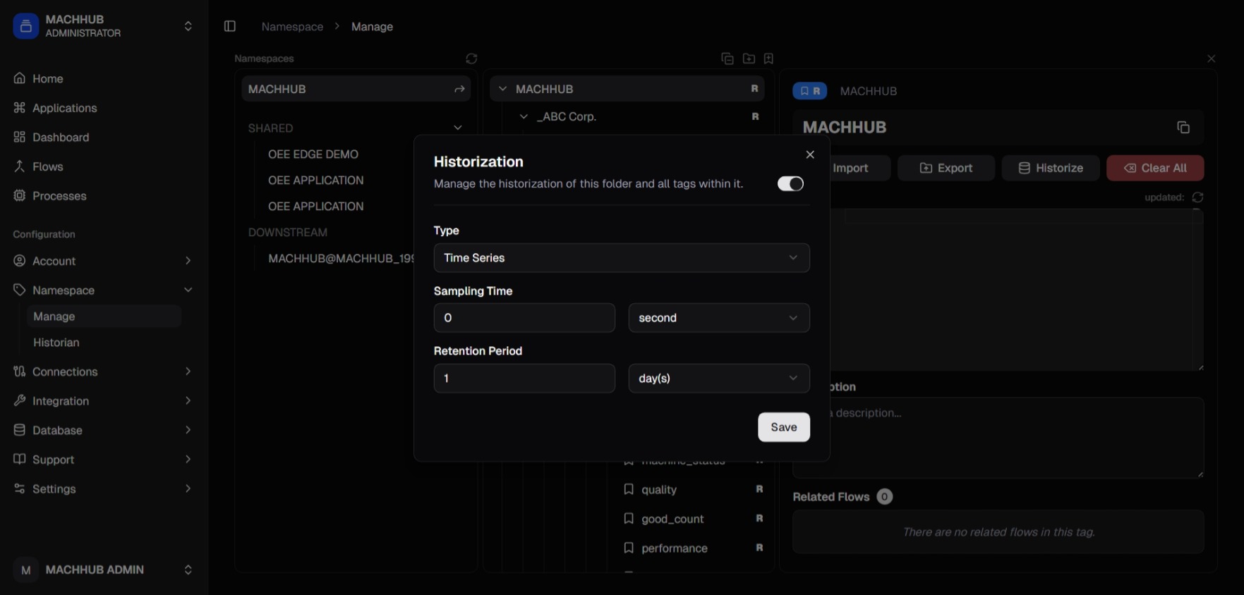 The Historize dialog with Time Series selected and sampling and retention fields.