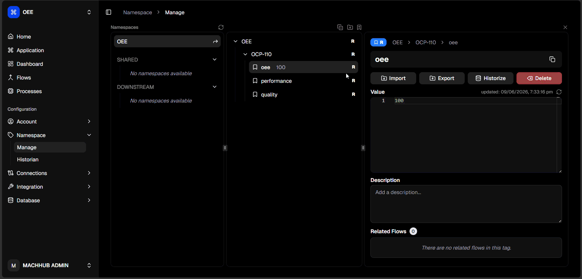 Enabling historize on a tag: toggle on, choose Time Series with sampling and retention, then Save.
