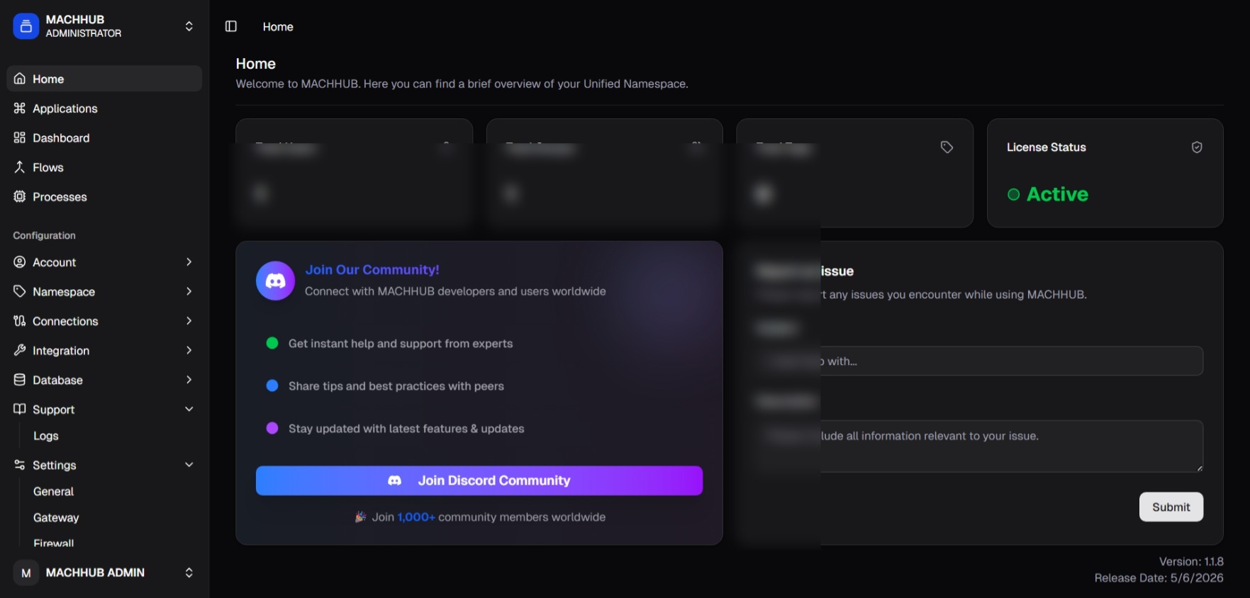The console Home dashboard after login, showing the four stat cards.