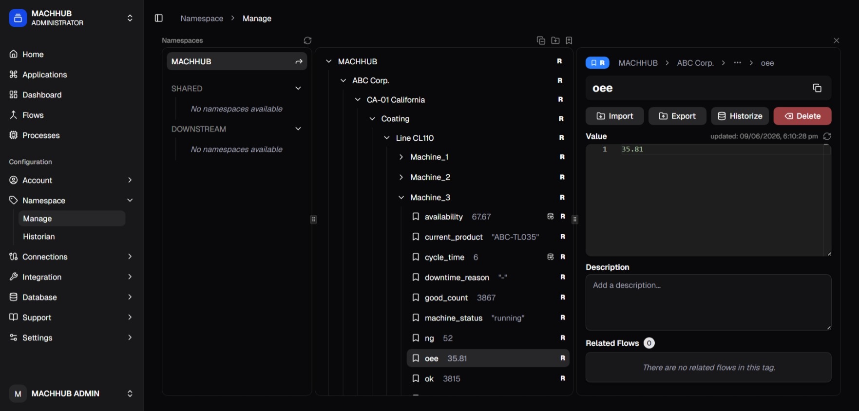The UNS editor at /namespace/manage with three panes and a tag selected showing its live value.