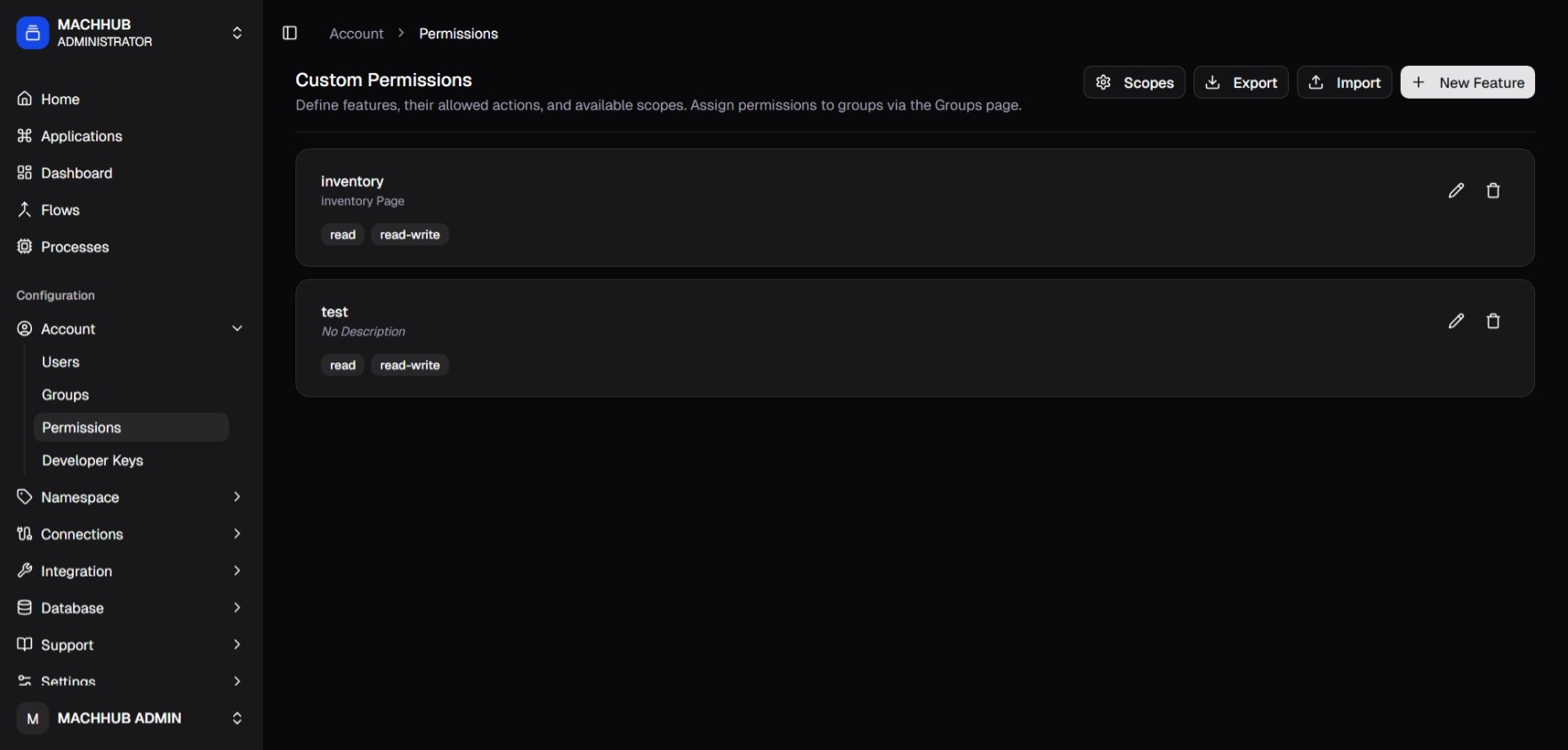 The Custom Permissions list at /account/permissions showing feature cards with action chips.