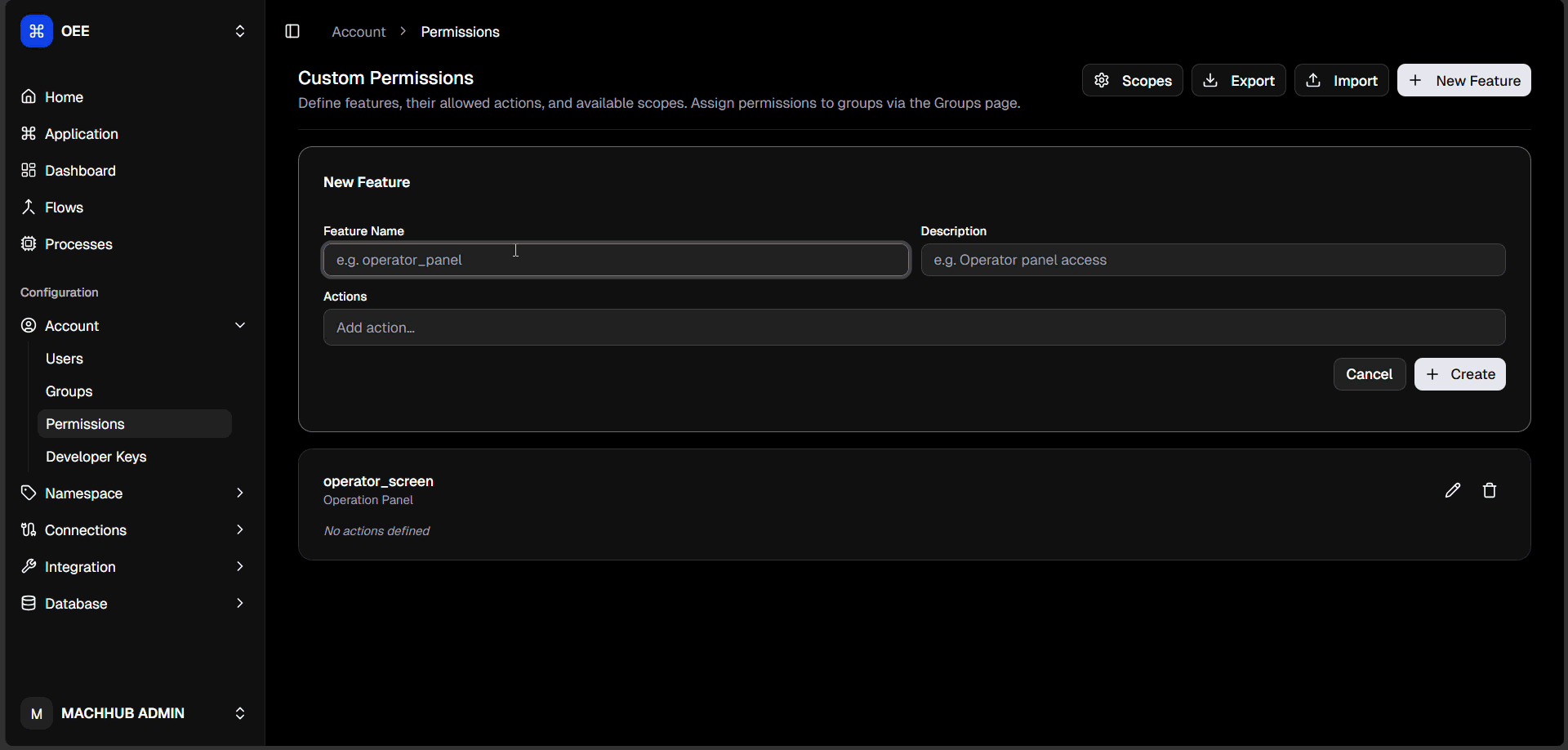 Creating a feature: New Feature, add name, description, and actions, then Create, and the card appears.