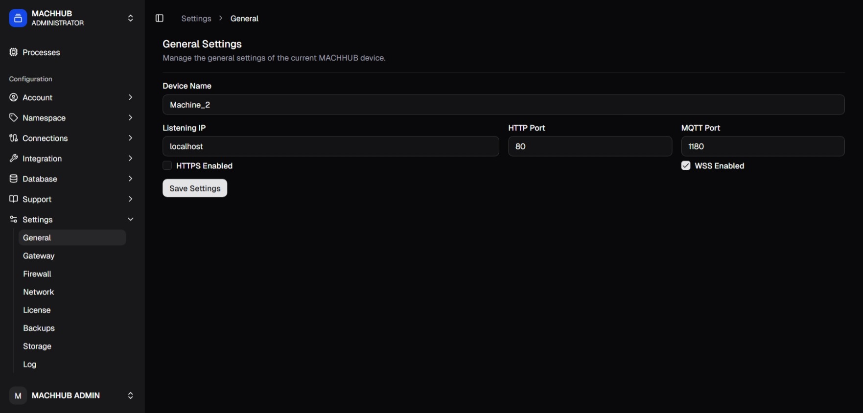 The Settings → General form.