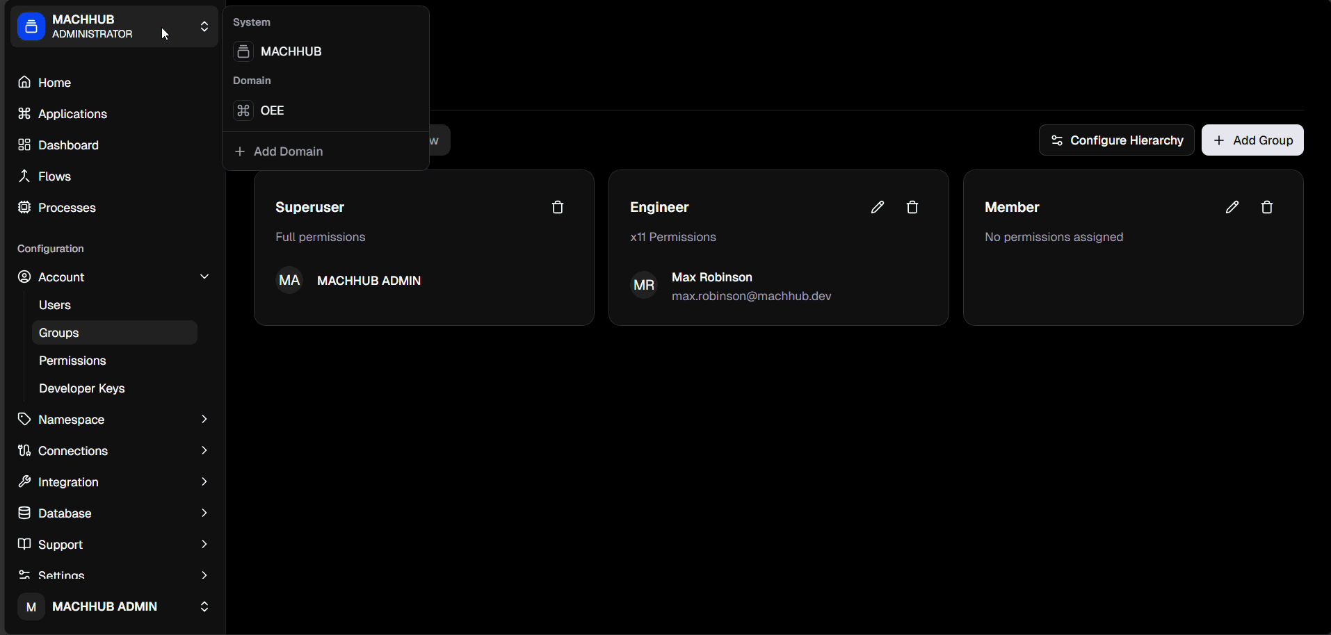 Switching domains: open the domain switcher, pick an Application domain, and the sidebar nav narrows.