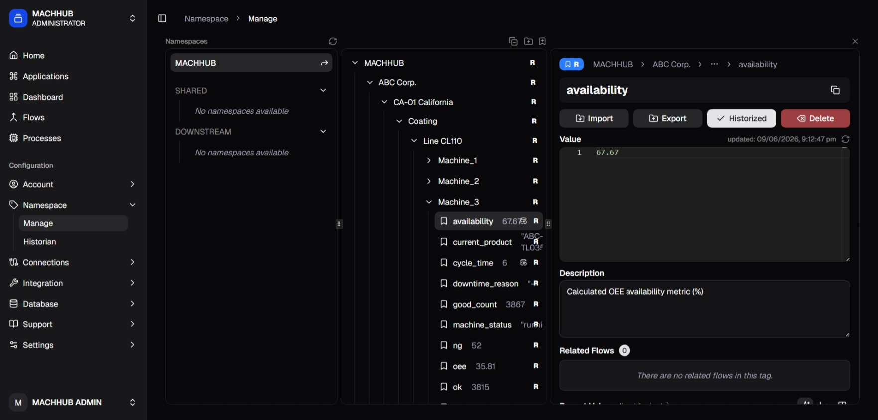 The namespace tree editor showing folders, a tag, and its access and historize settings.
