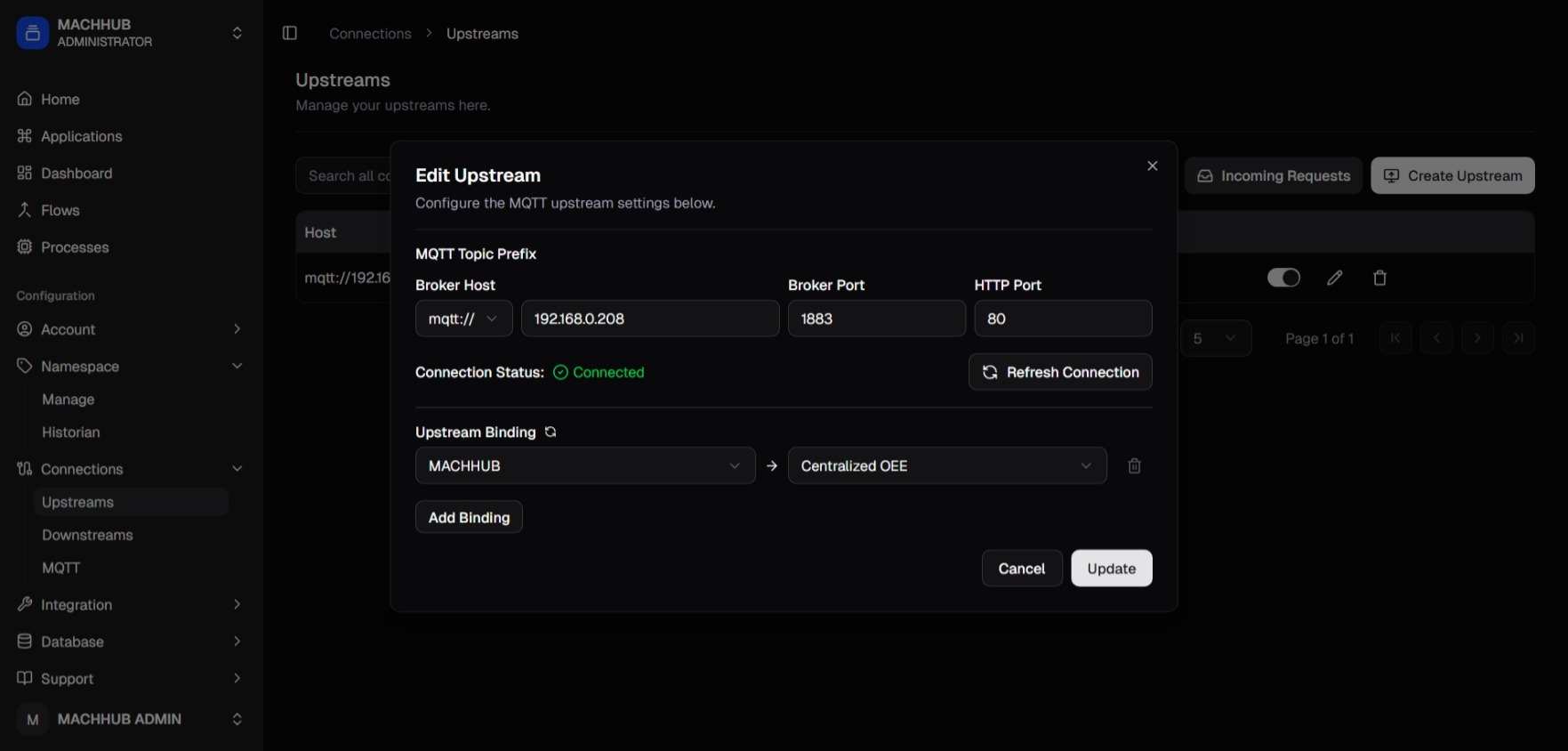 The Create / Edit Upstream dialog with connection details, Request Connection, namespace bindings, and the activate toggle.