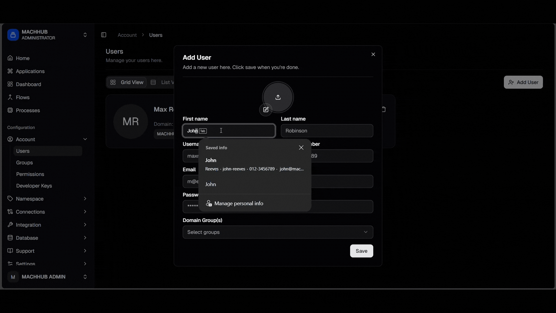 Adding a user: fill details, assign groups, Save, and the user appears in the list.