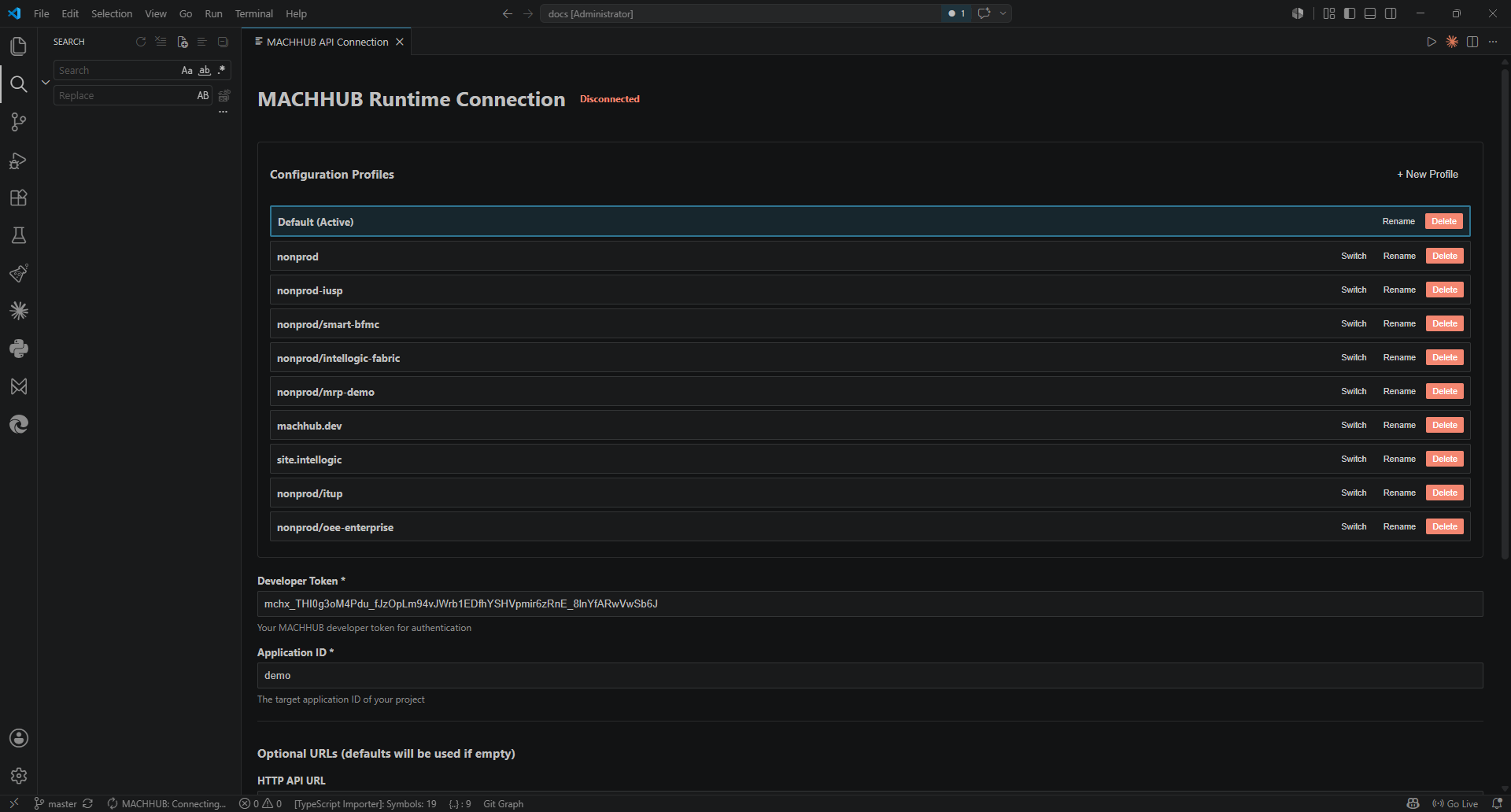 MACHHUB Runtime Connection panel with the Configuration Profiles list and connection fields.