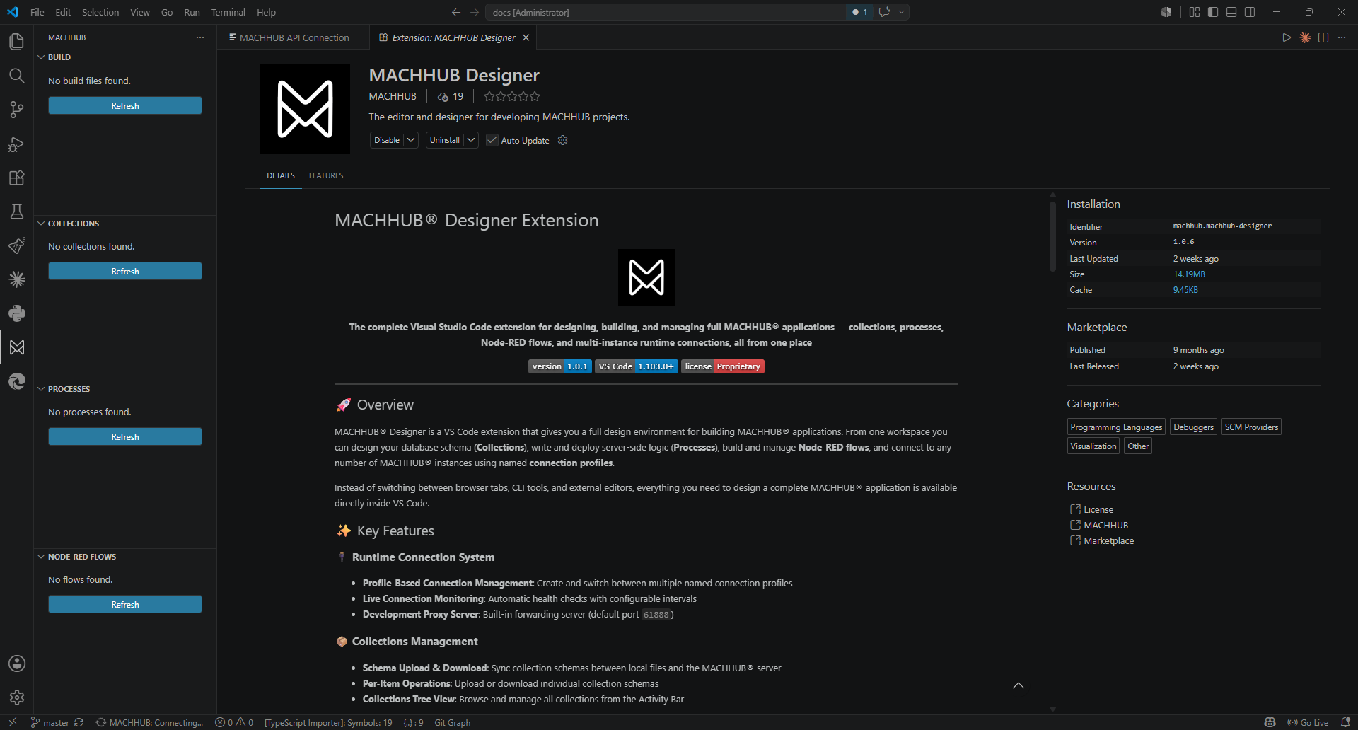 The Designer sidebar showing source and builds sections, the connected Environment, and the deploy action.